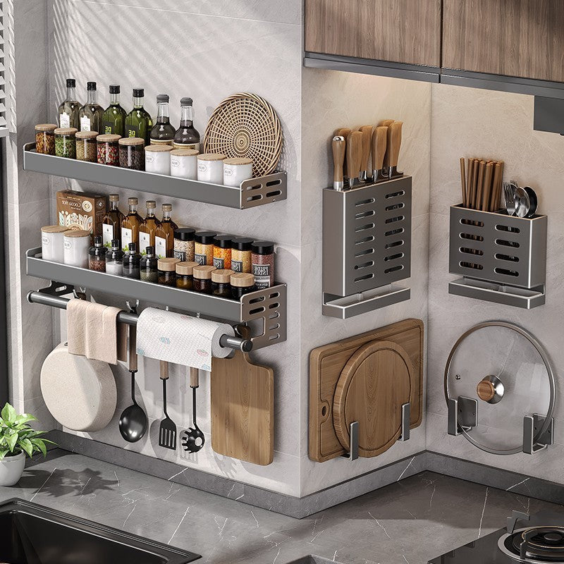 Gun Gray Aluminum Kitchen Storage Rack – Punch-Free & Multi-Functional
