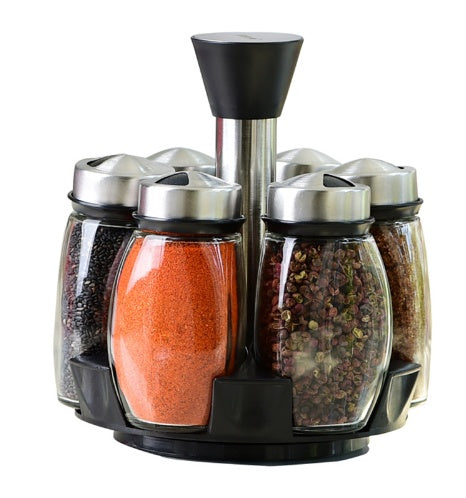 Glass Condiment & Spice Jar Set with Rack (7 pcs)