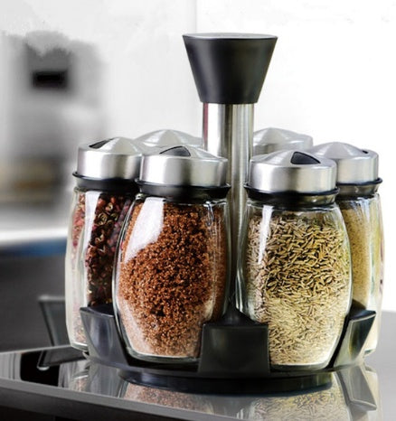 Glass Condiment & Spice Jar Set with Rack (7 pcs)