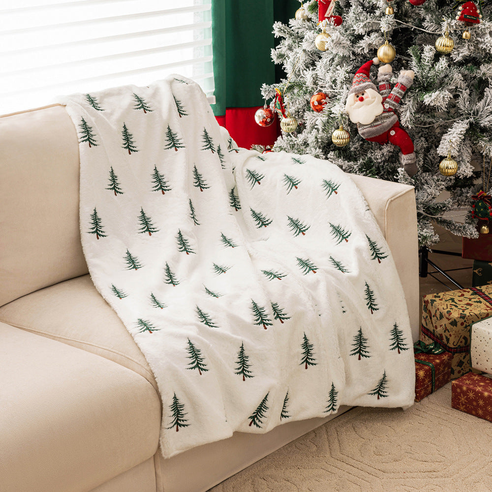 Christmas Plush Sofa Blanket Christmas Tree Embroidery Throw Living Room Sofa Decoration